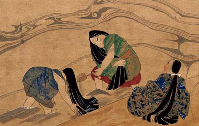 平安時代の洗髪の様子。川に入り、柄杓で水を掛け合いながら洗髪した。洗髪は一日がかりだったと記す文献も。小堀鞆音・寺崎広業《扇面古写経(模本)》
